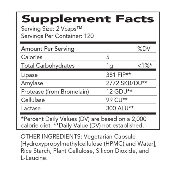 AbsorbAid Original 240 Digestive Enzymes Ingredient Panel