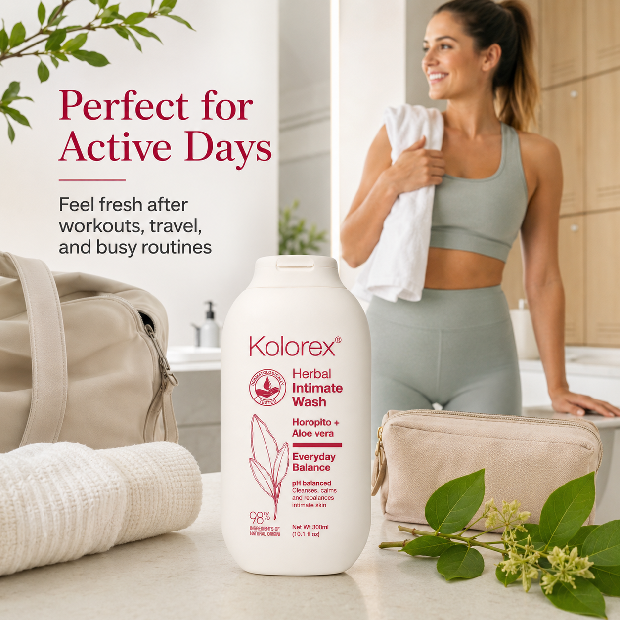 Kolorex Herbal Intimate Wash Everyday Balance in an active lifestyle setting with a woman after exercise