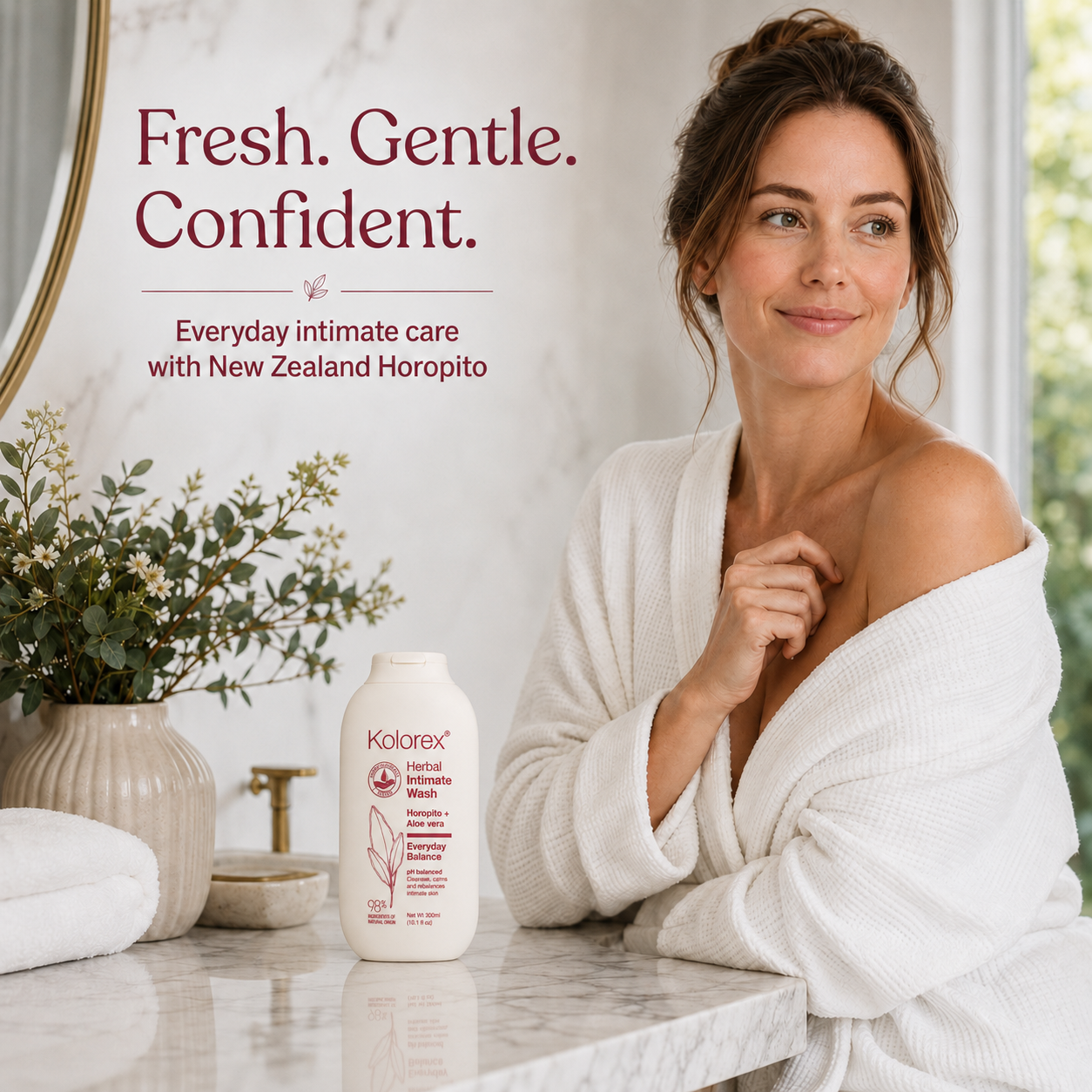 Kolorex Herbal Intimate Wash Everyday Balance bottle in a bright bathroom with a woman in a white robe.