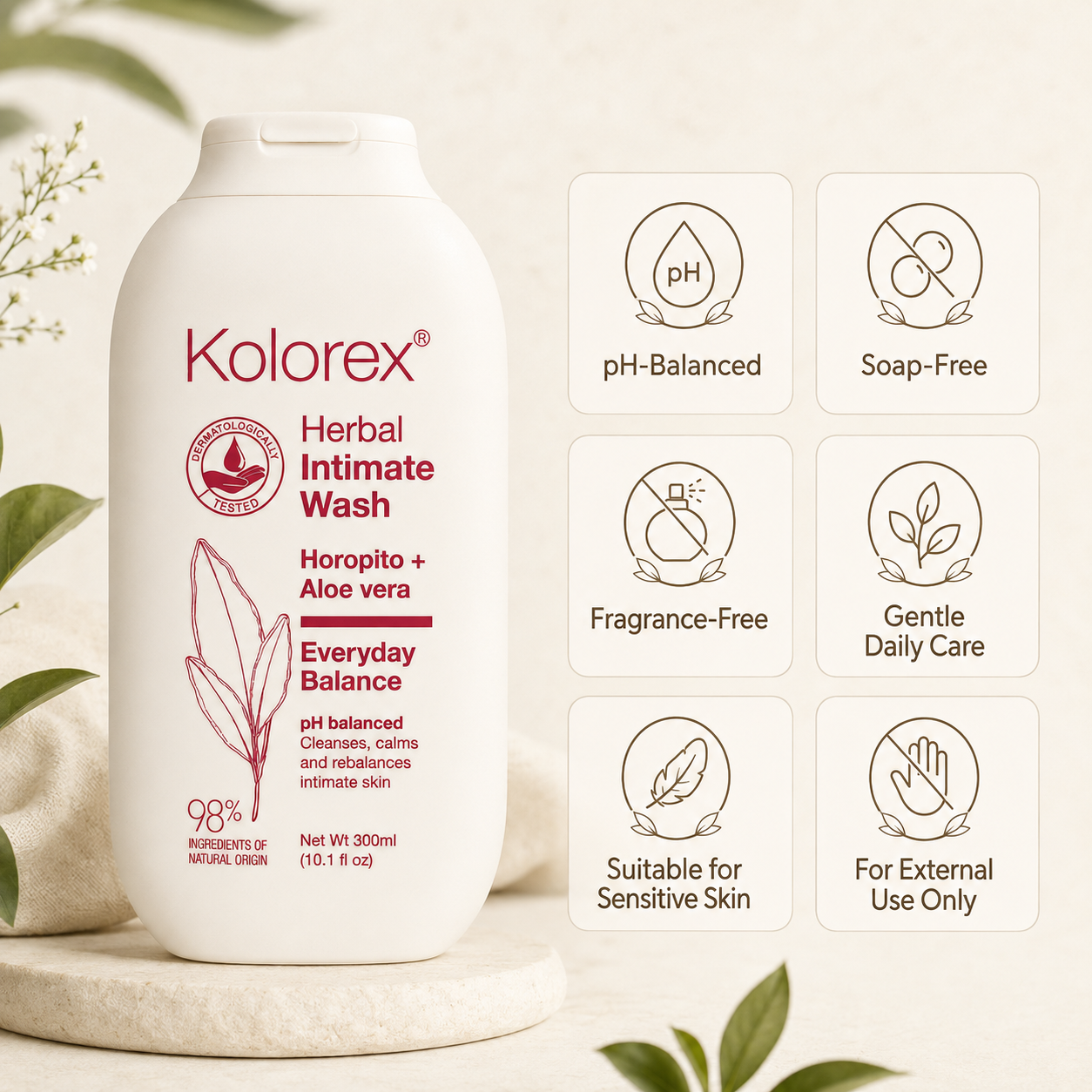 Kolorex Herbal Intimate Wash Everyday Balance benefits including pH-balanced, soap-free and fragrance-free intimate care