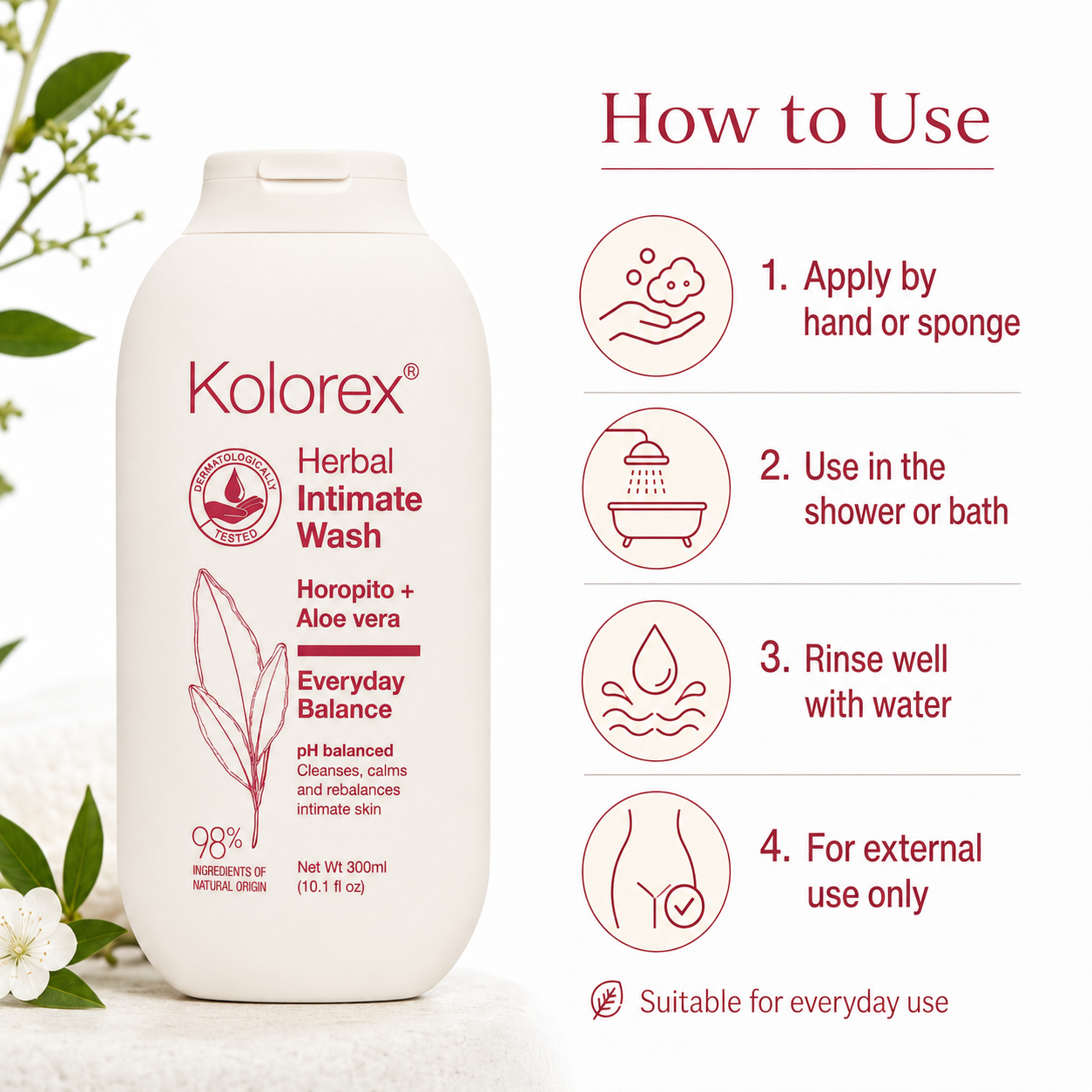 How to use Kolorex Herbal Intimate Wash Everyday Balance for external intimate cleansing
